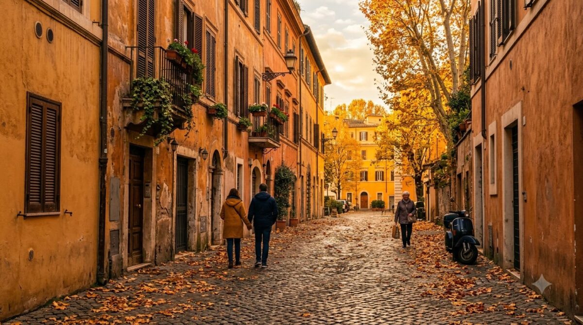 A Rome street in autumn with golden leaves and warm light, Italy