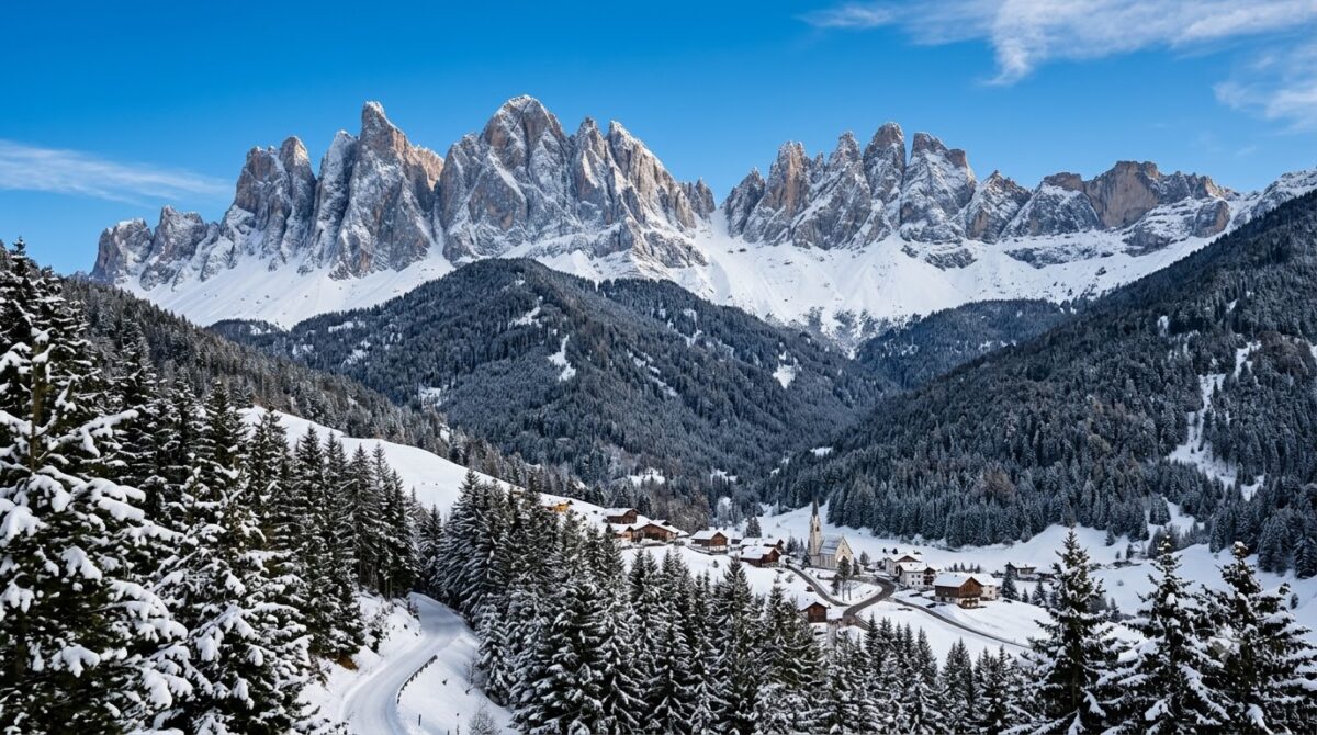 Snow-covered Dolomite peaks under clear winter sky, northern Italy