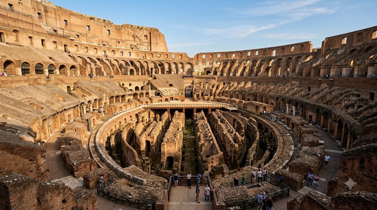The interior tiers and underground chambers of the Colosseum in Rome, Italy