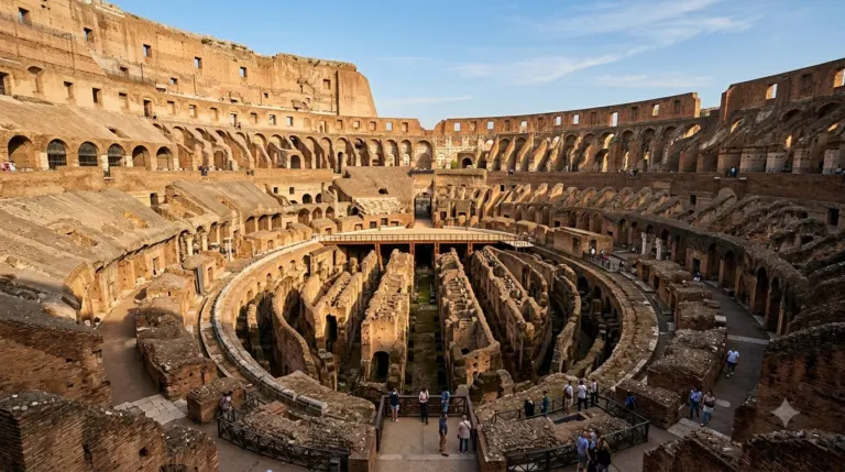 The interior tiers and underground chambers of the Colosseum in Rome, Italy