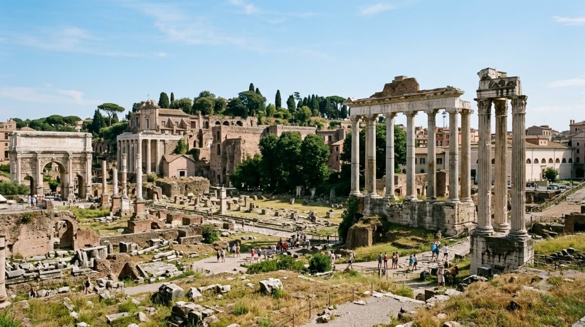 Broken marble columns of the Roman Forum in Rome, Italy