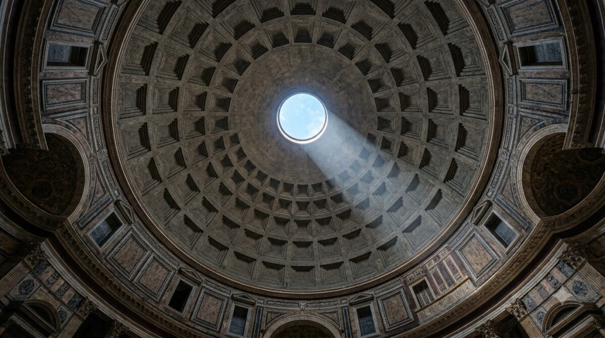 The dome and open oculus inside the Pantheon in Rome, Italy