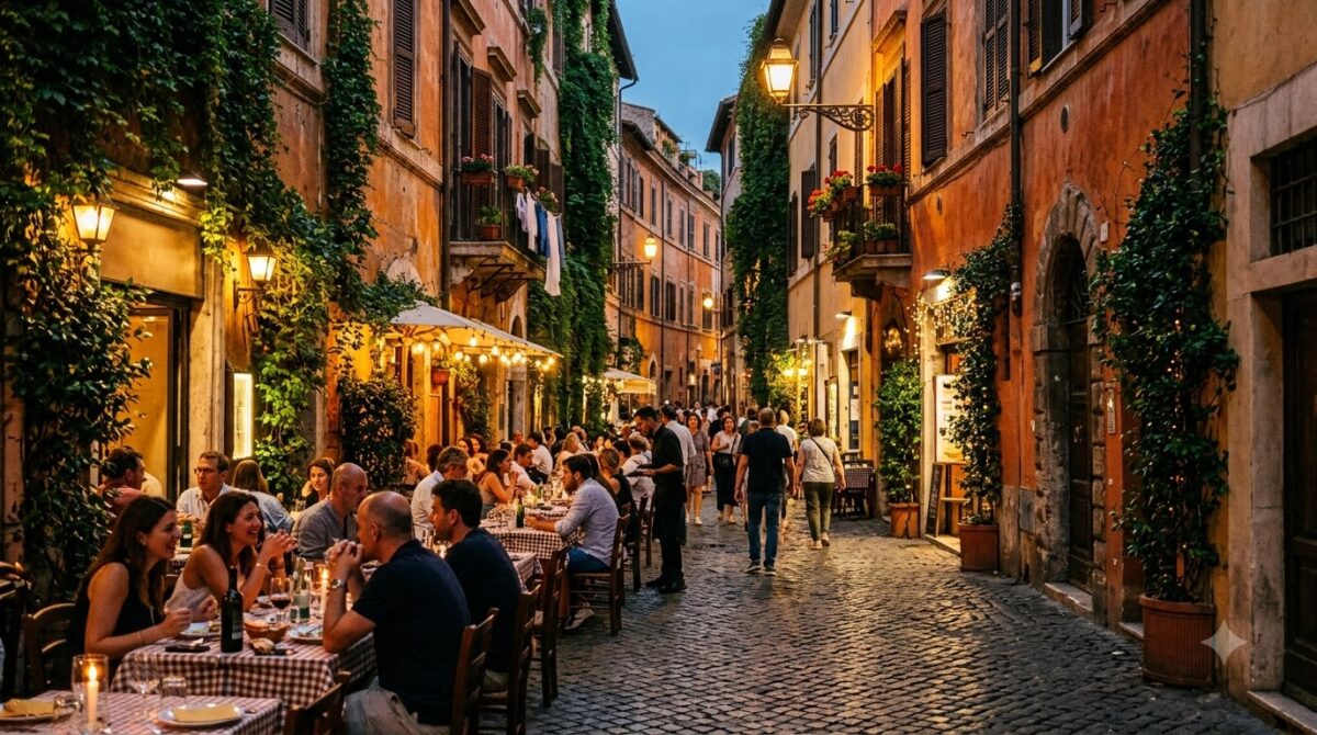 A cobbled street with restaurant tables in Trastevere, Rome, Italy in the evening