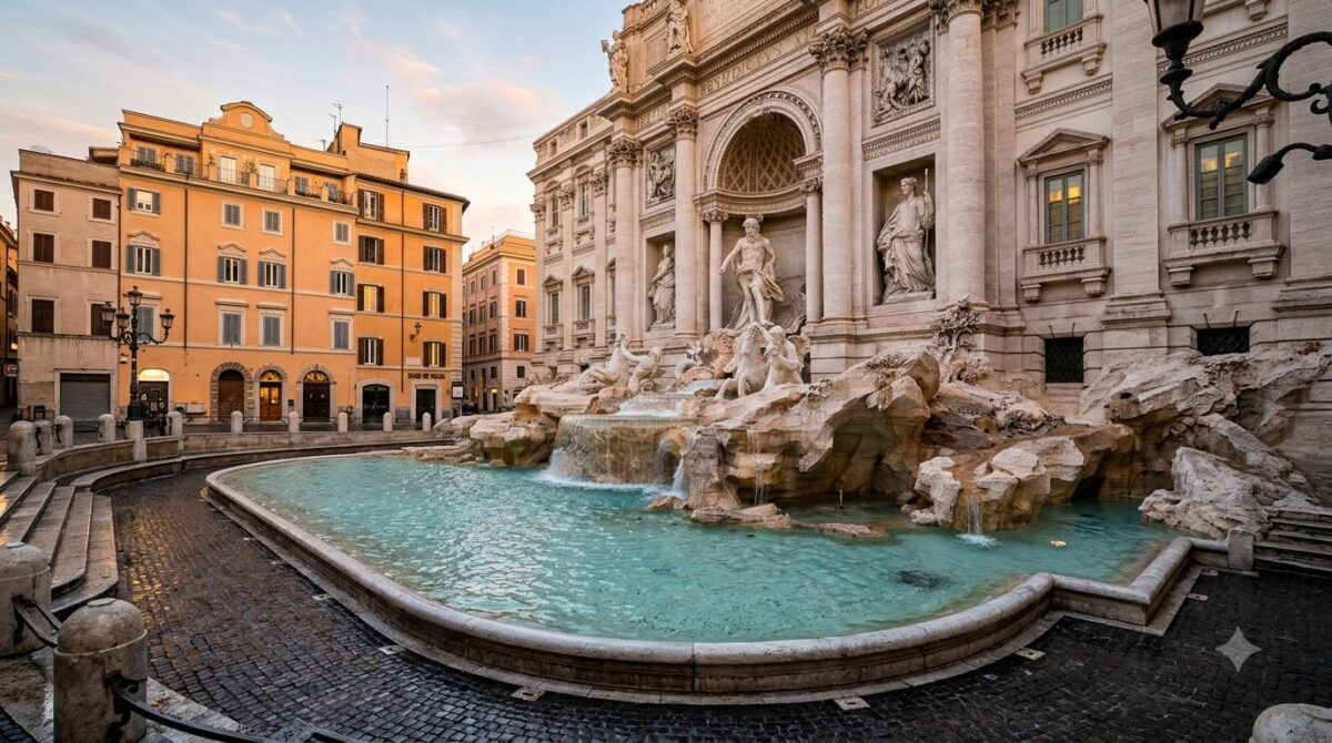 The Trevi Fountain in Rome, Italy early in the morning with almost no people