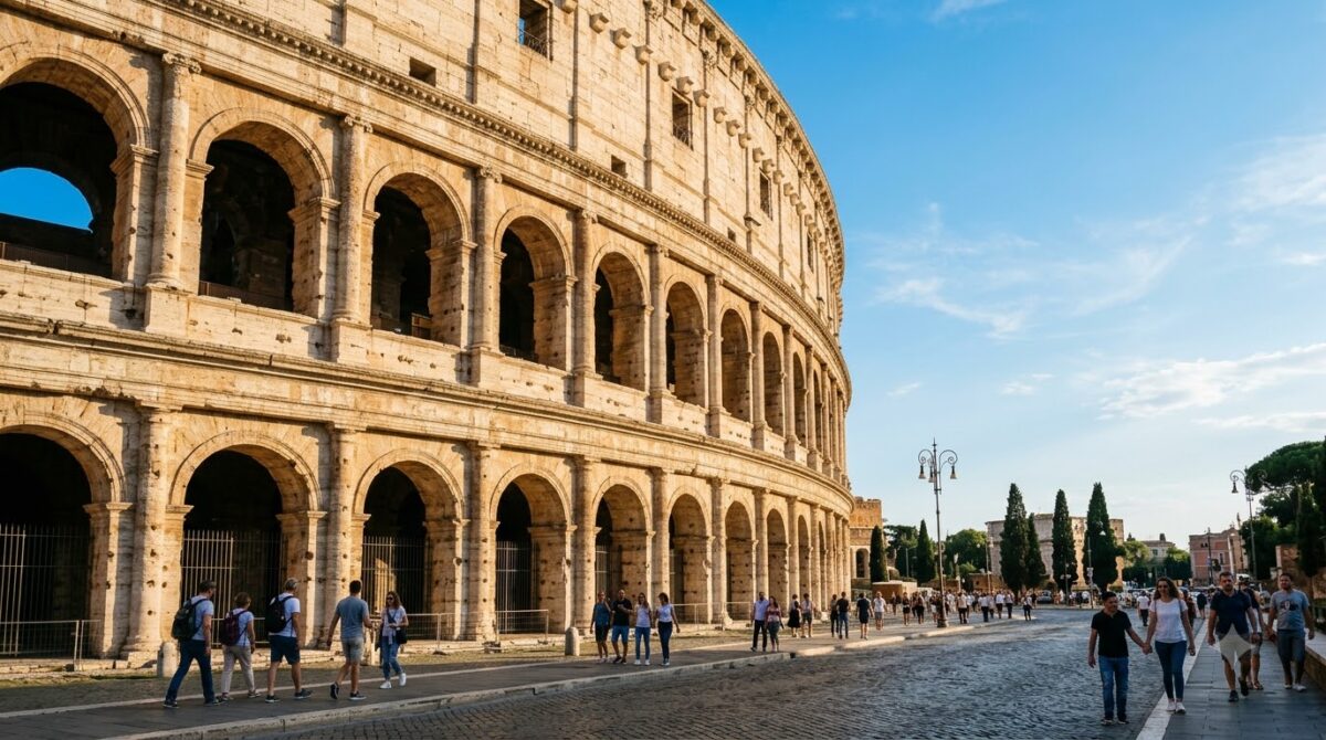 The exterior arches of the Colosseum in Rome, Italy from street level