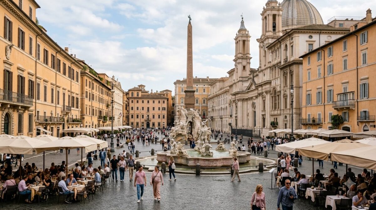 Piazza Navona with its baroque fountain in Rome, Italy