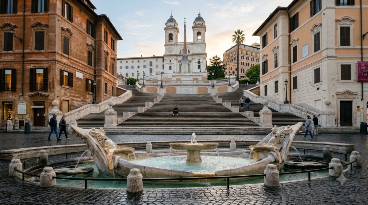 The Spanish Steps in Rome, Italy in the morning with few people