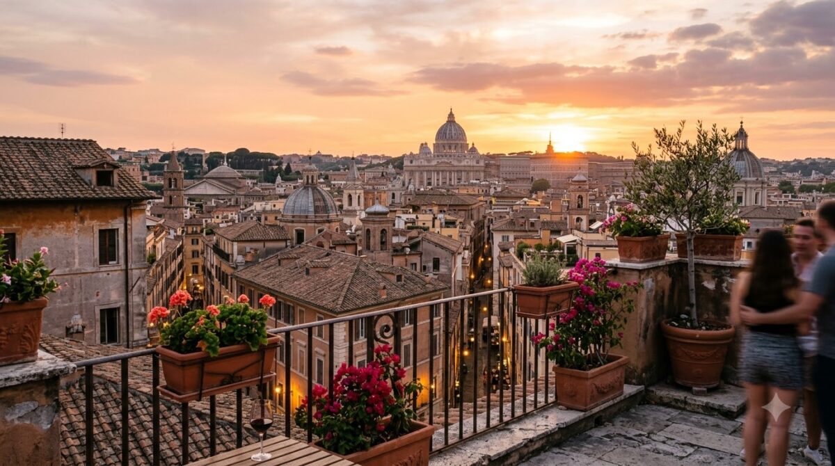 Rooftops and domes of Rome, Italy at sunset from a terrace