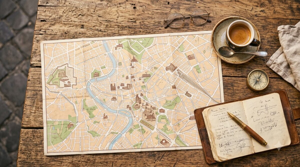 A paper map of Rome, Italy on a cafe table with an espresso and notebook
