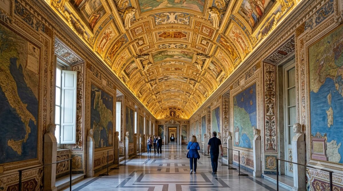 A long painted gallery corridor inside the Vatican Museums in Rome, Italy