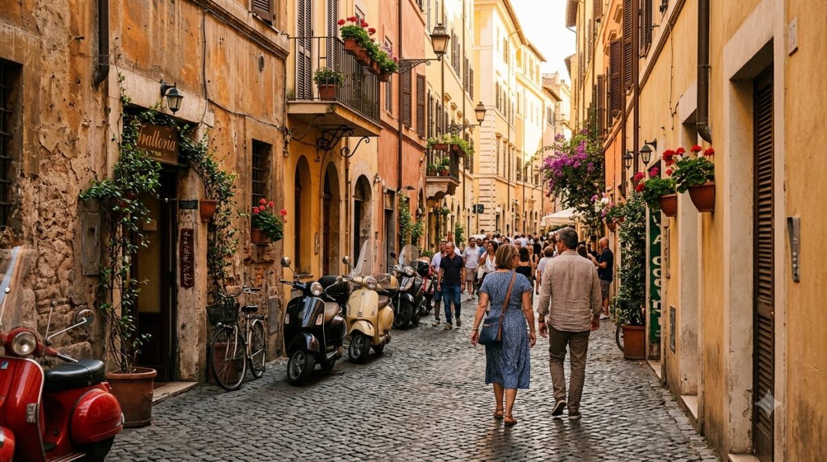 People walking a narrow cobbled street in central Rome, Italy