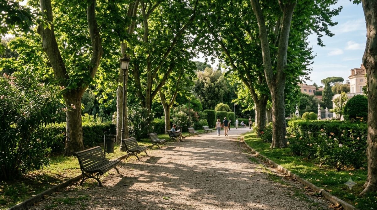 A tree-lined gravel path in the Villa Borghese gardens in Rome, Italy
