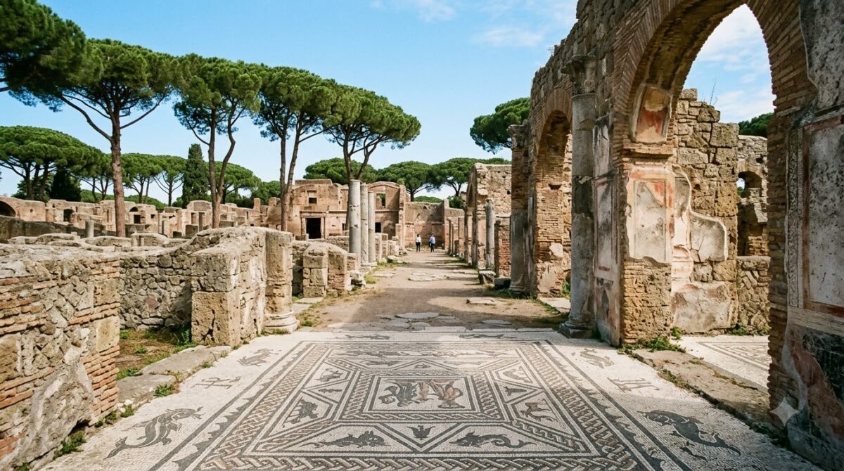 Quiet stone ruins and mosaic floors at Ostia Antica near Rome, Italy