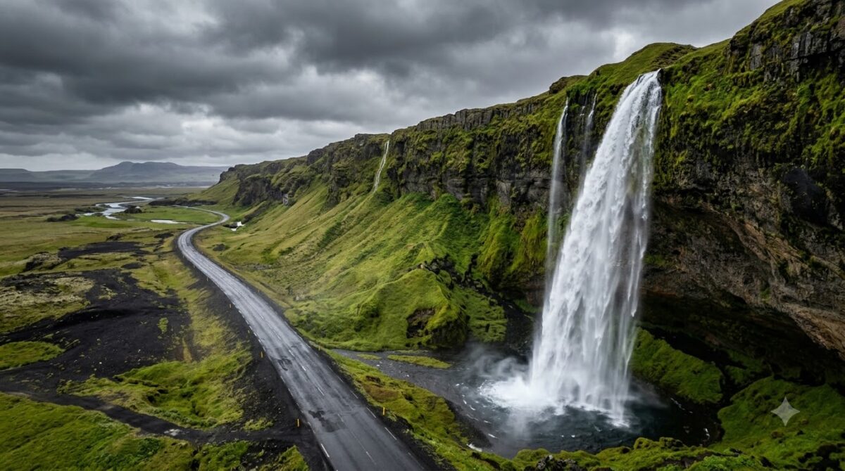 A waterfall beside an empty road in south Iceland under grey sky