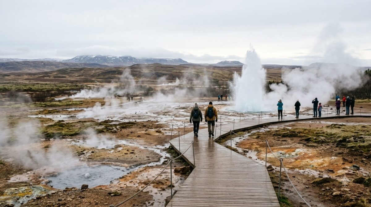 Steam rising from a geothermal area with a geyser in Iceland