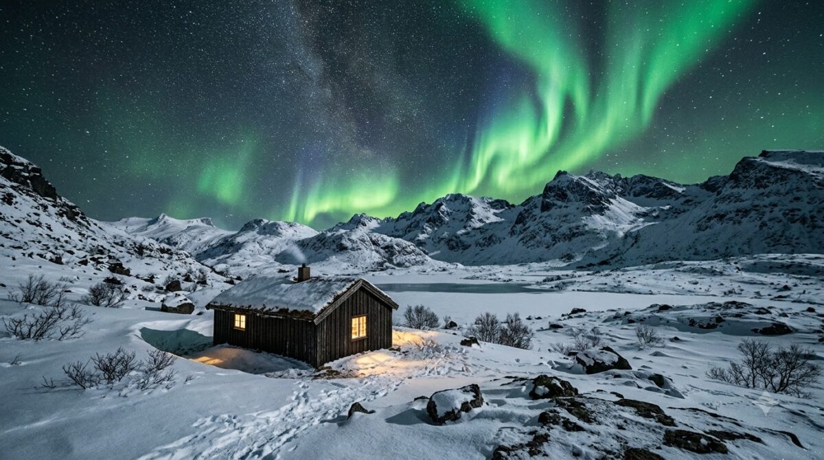 Green northern lights over a cabin in a snowy Icelandic landscape