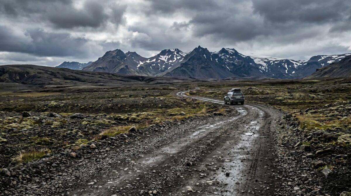 A gravel track across a barren volcanic highland plateau in Iceland