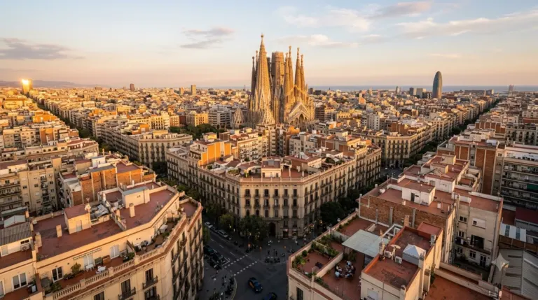 Rooftops of the Eixample district in Barcelona, Spain with the Sagrada Familia