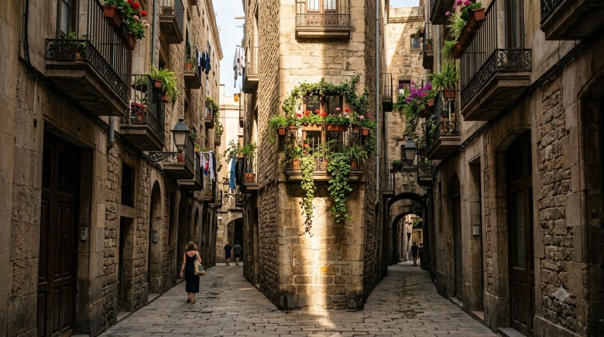 A narrow stone alley in the Gothic Quarter of Barcelona, Spain