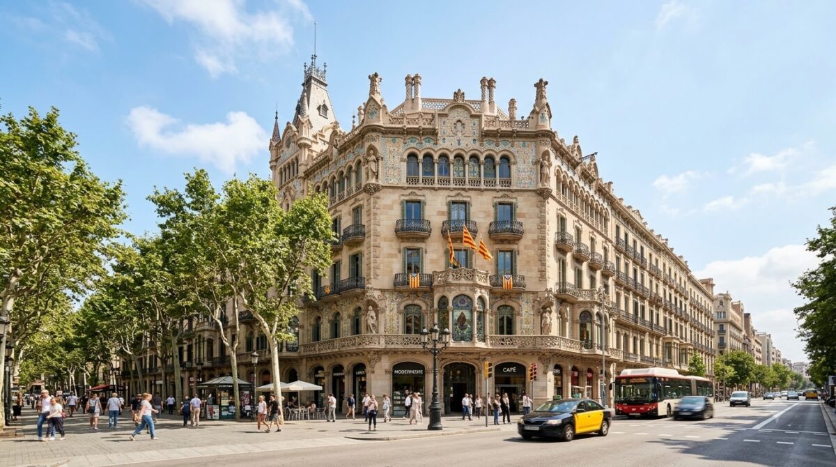 An ornate modernist building facade in the Eixample district of Barcelona, Spain