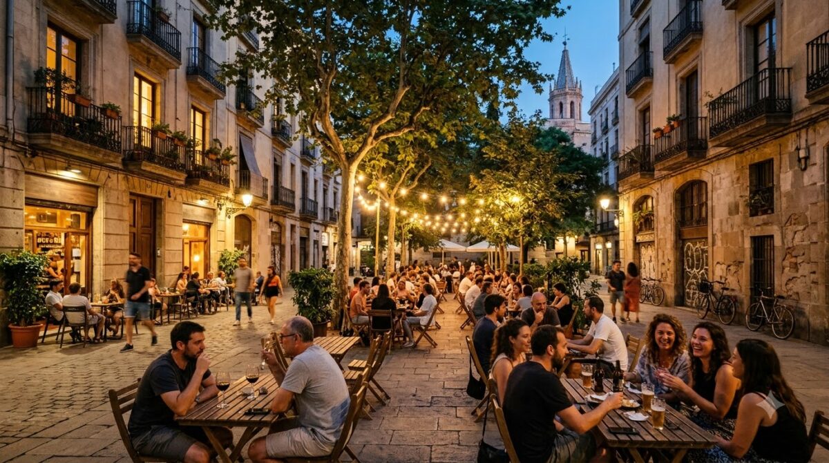A leafy neighborhood square with cafe tables in Gracia, Barcelona, Spain
