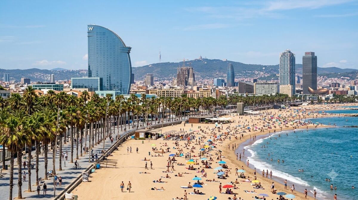 Barceloneta beach with palm trees and the city behind in Barcelona, Spain