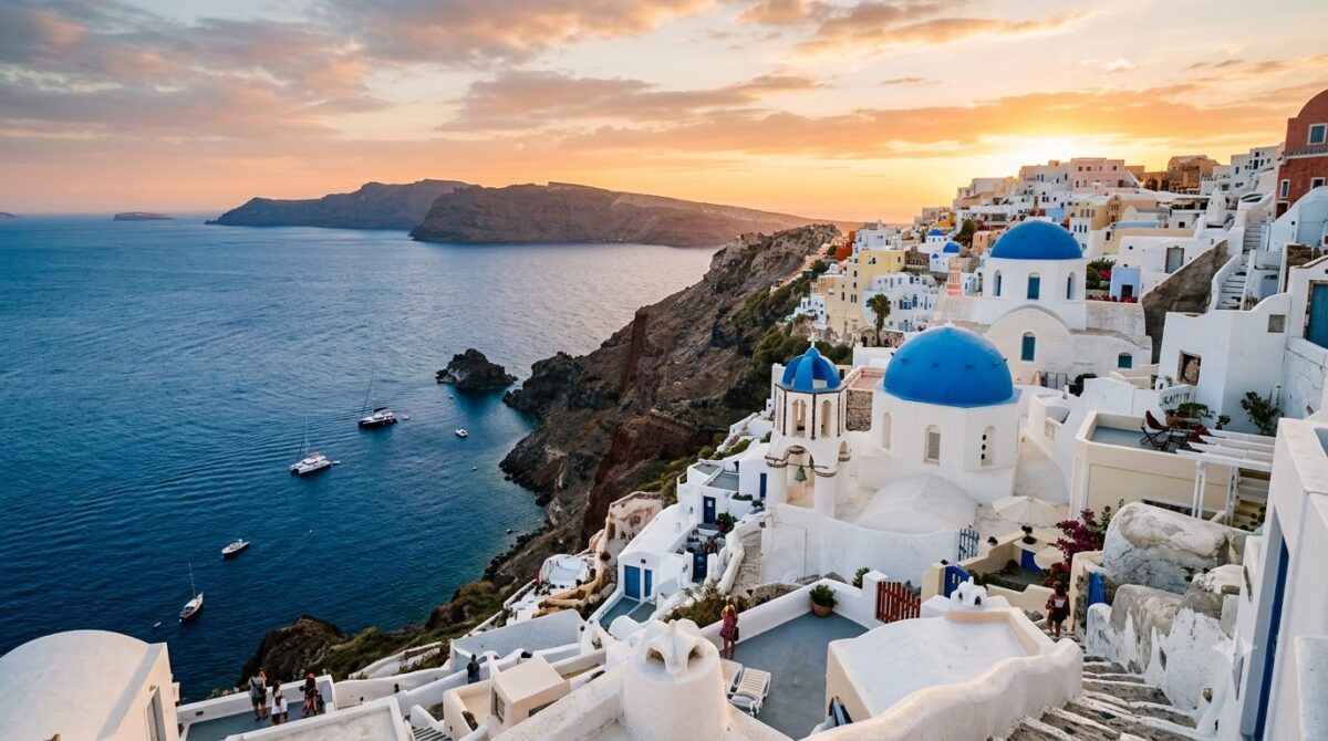 White buildings with blue domes above the caldera in Santorini, Greece