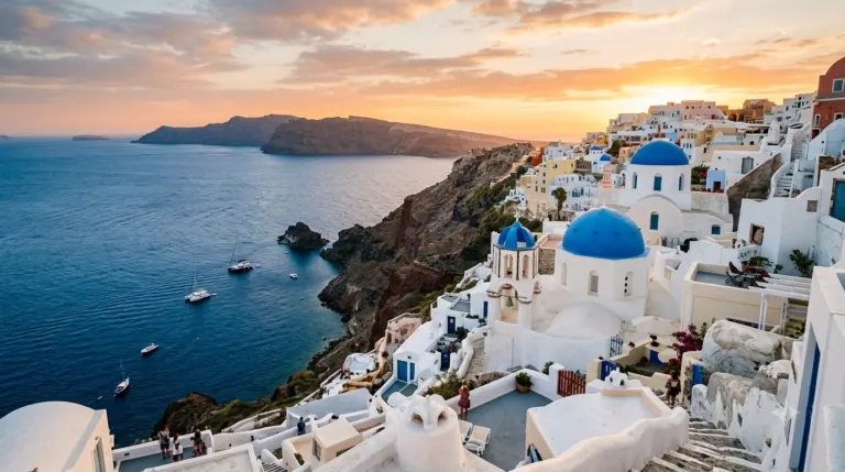 White buildings with blue domes above the caldera in Santorini, Greece