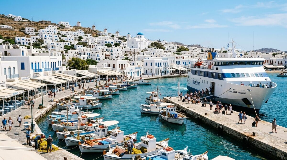 A passenger ferry docked in a Greek island harbour with fishing boats