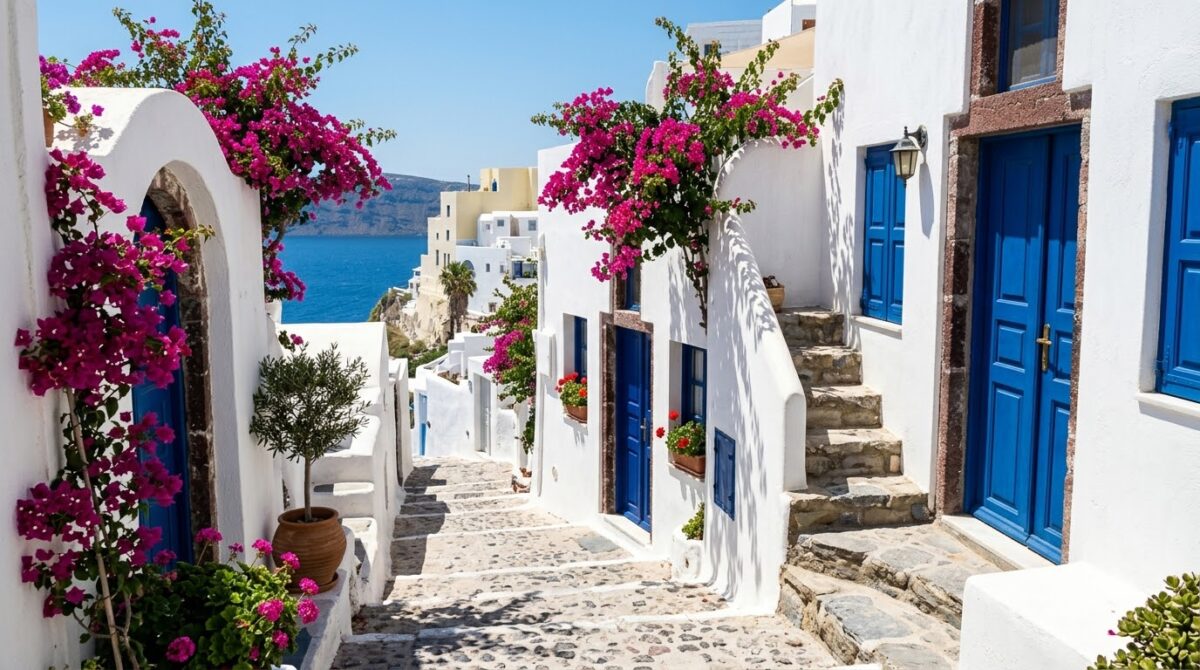 A whitewashed alley with blue doors and bougainvillea in a Greek island village