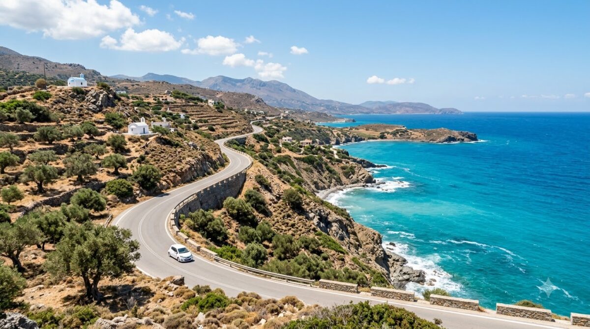 A winding coastal road above turquoise sea on Crete, Greece