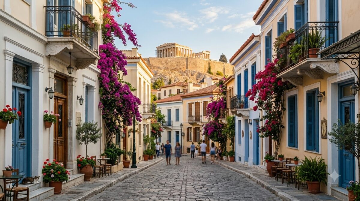 A narrow street in Plaka, Athens, Greece with the Acropolis above