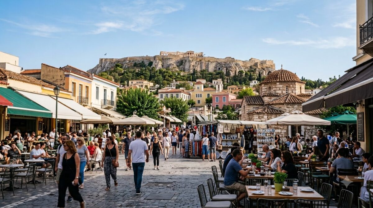 Monastiraki square in Athens, Greece with the Acropolis on the hill behind