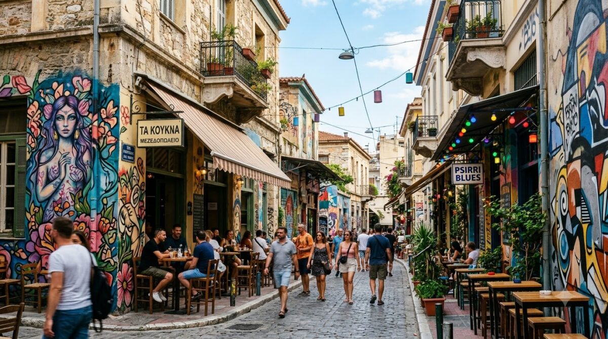 A street with murals and small bars in Psyrri, Athens, Greece