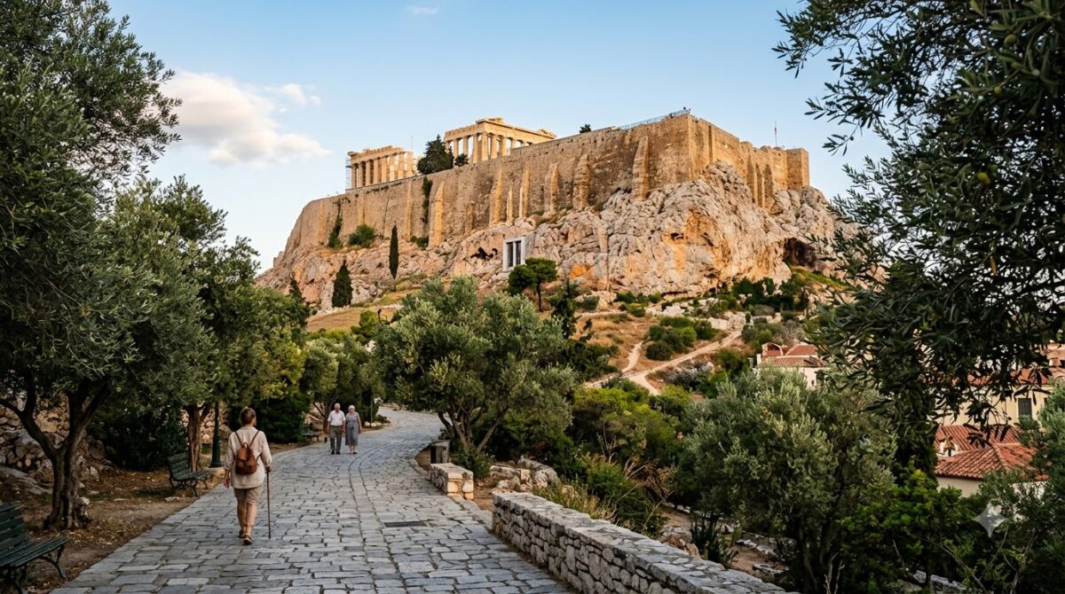The Acropolis rock seen from the pedestrian street below in Athens, Greece