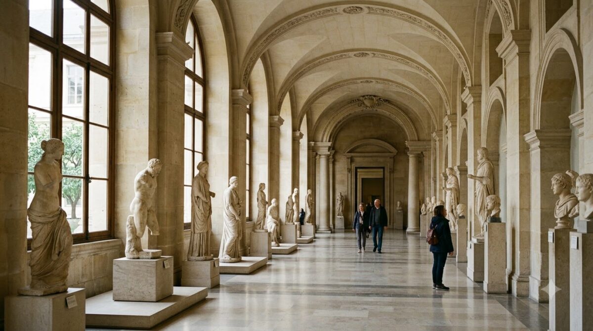 A gallery of marble statues in a classical archaeology museum