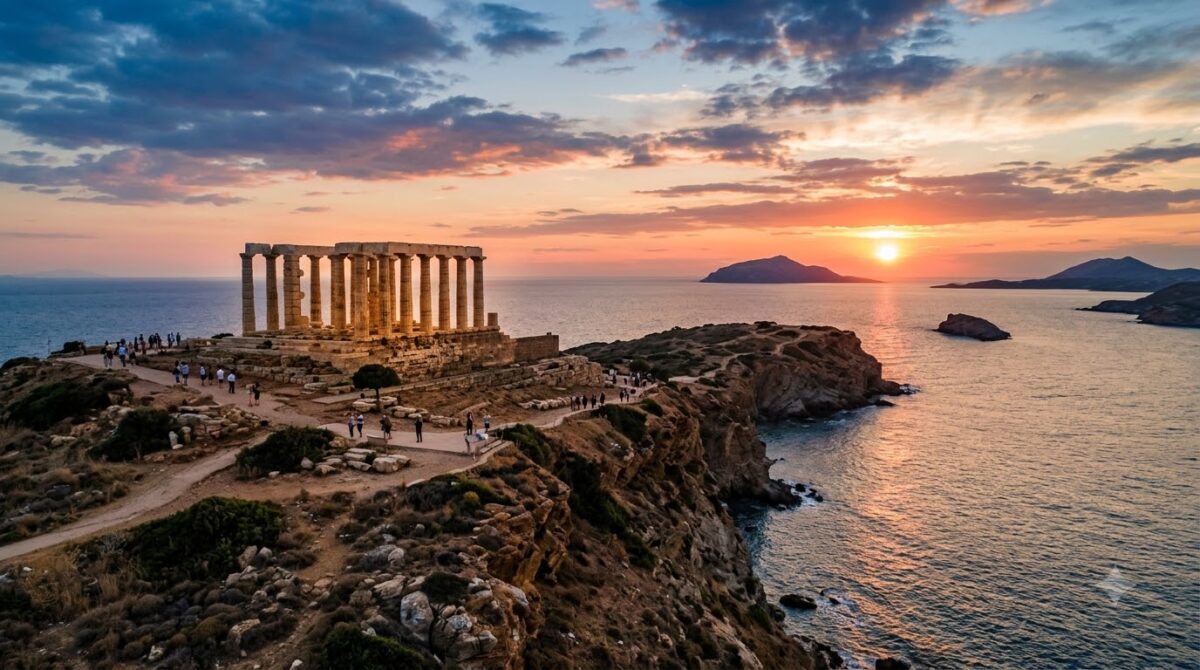 The Temple of Poseidon at Cape Sounion, Greece above the sea at sunset