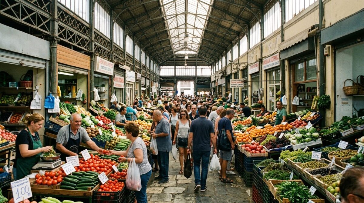 A busy covered market hall with produce stalls in Athens, Greece