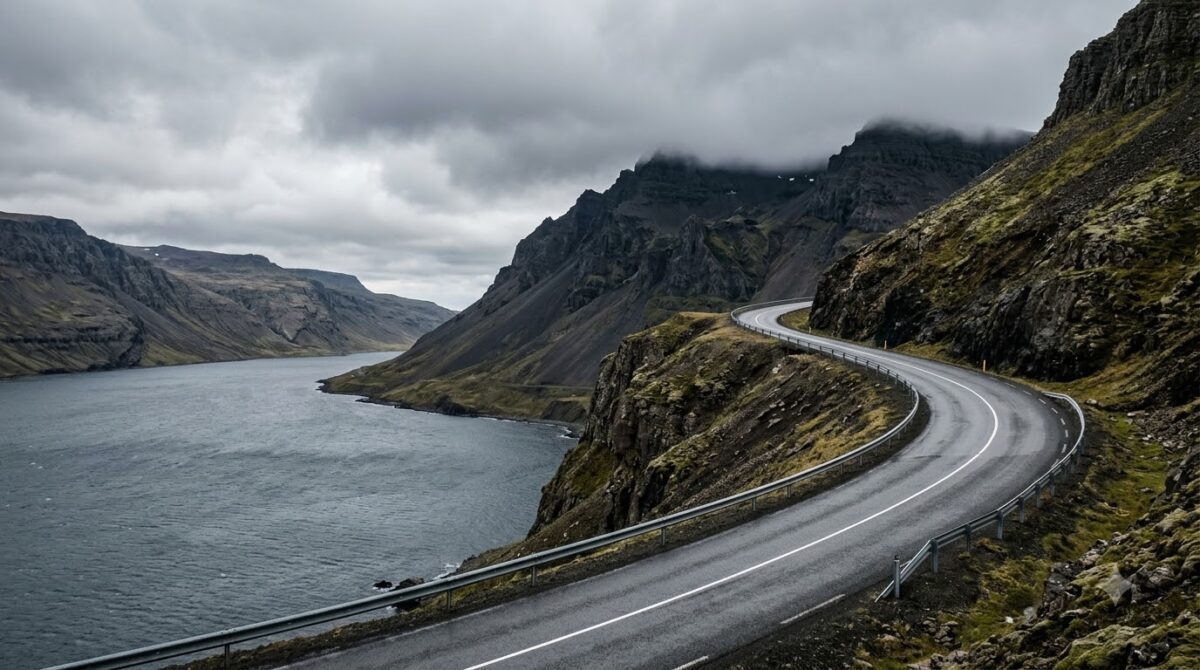 An empty road curving around a fjord on the east coast of Iceland