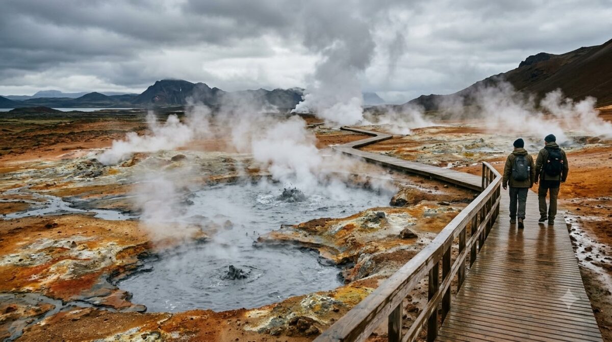 Bubbling mud pools and steam at a geothermal area near Lake Myvatn, Iceland