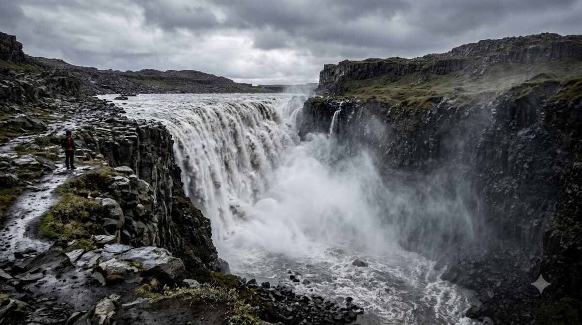 A powerful waterfall in a dark basalt canyon in north Iceland