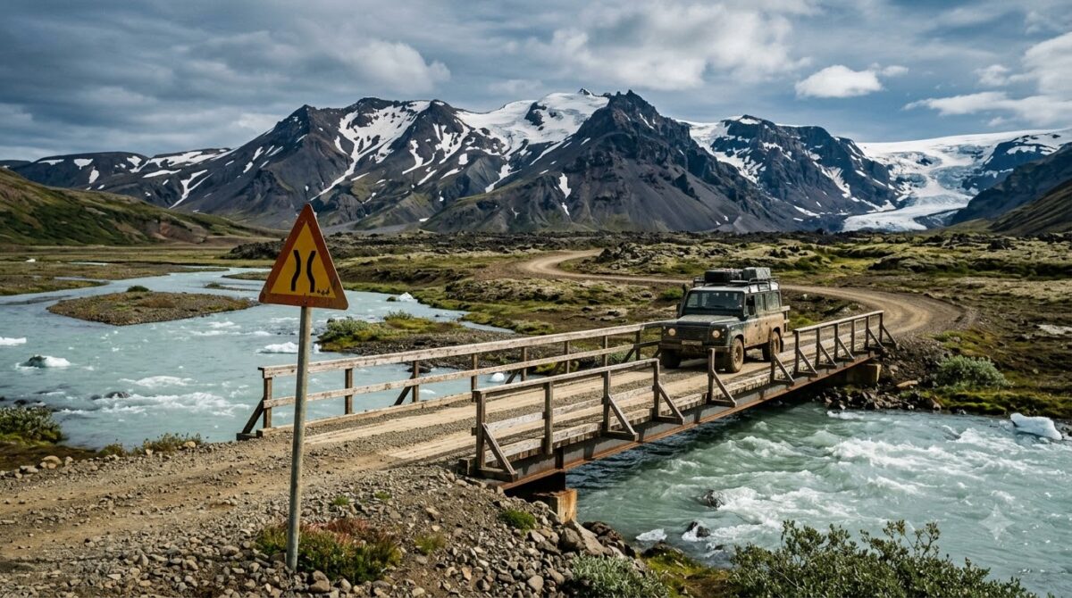 A narrow single lane bridge over a glacial river on an Icelandic road