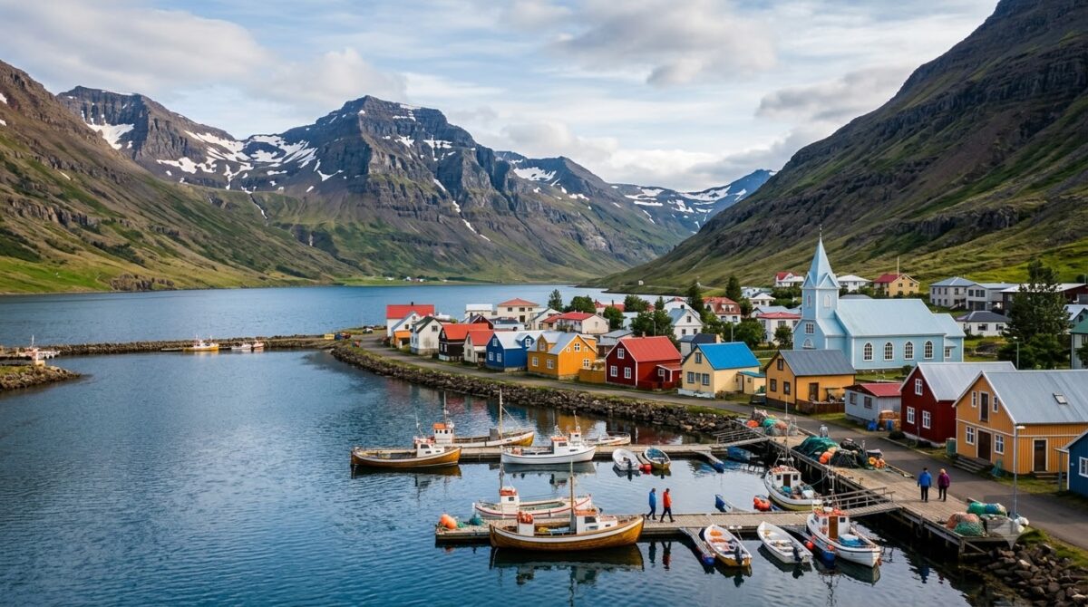 A small colourful fishing village at the head of a fjord in east Iceland