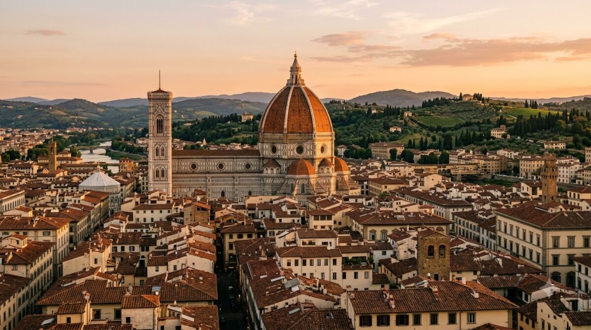 The Duomo dome above terracotta rooftops in Florence, Italy at golden hour