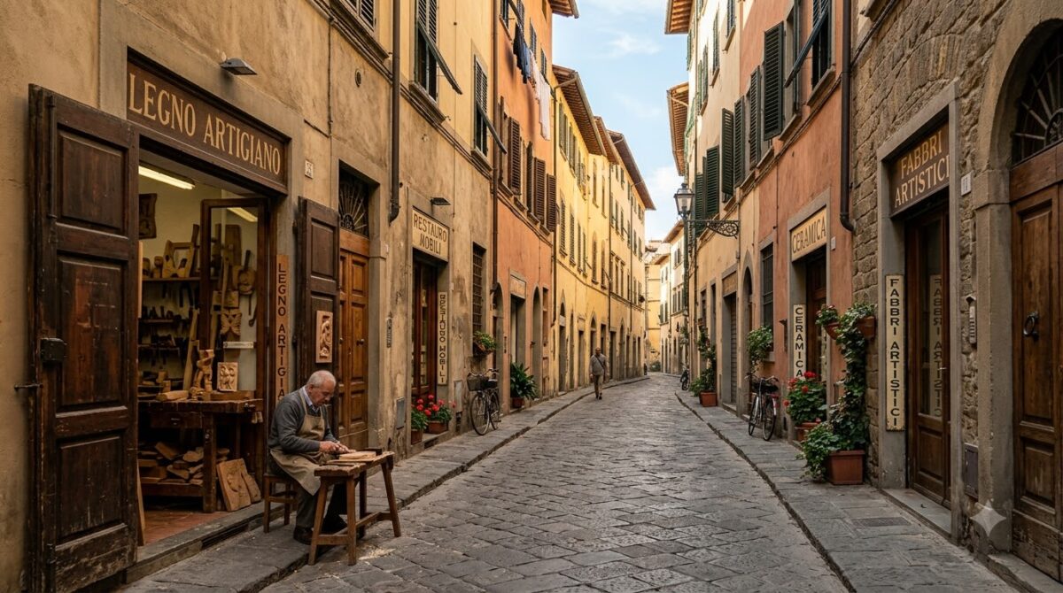 A workshop-lined street in the Oltrarno district of Florence, Italy