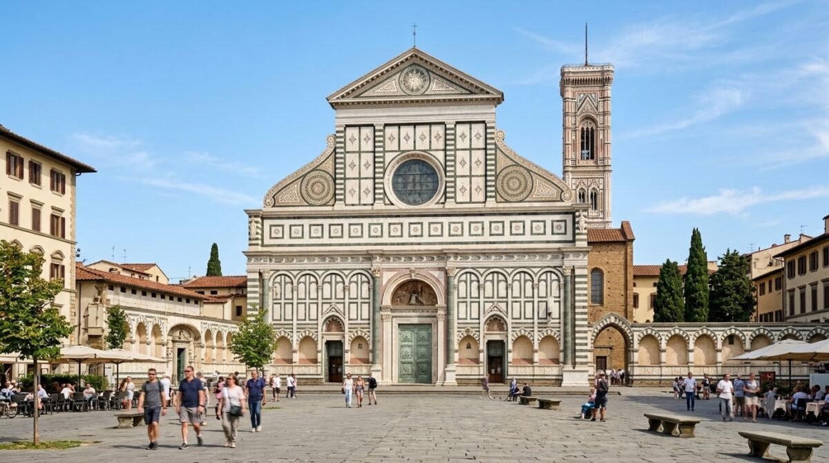 The marble facade of a Renaissance church on a square in Florence, Italy