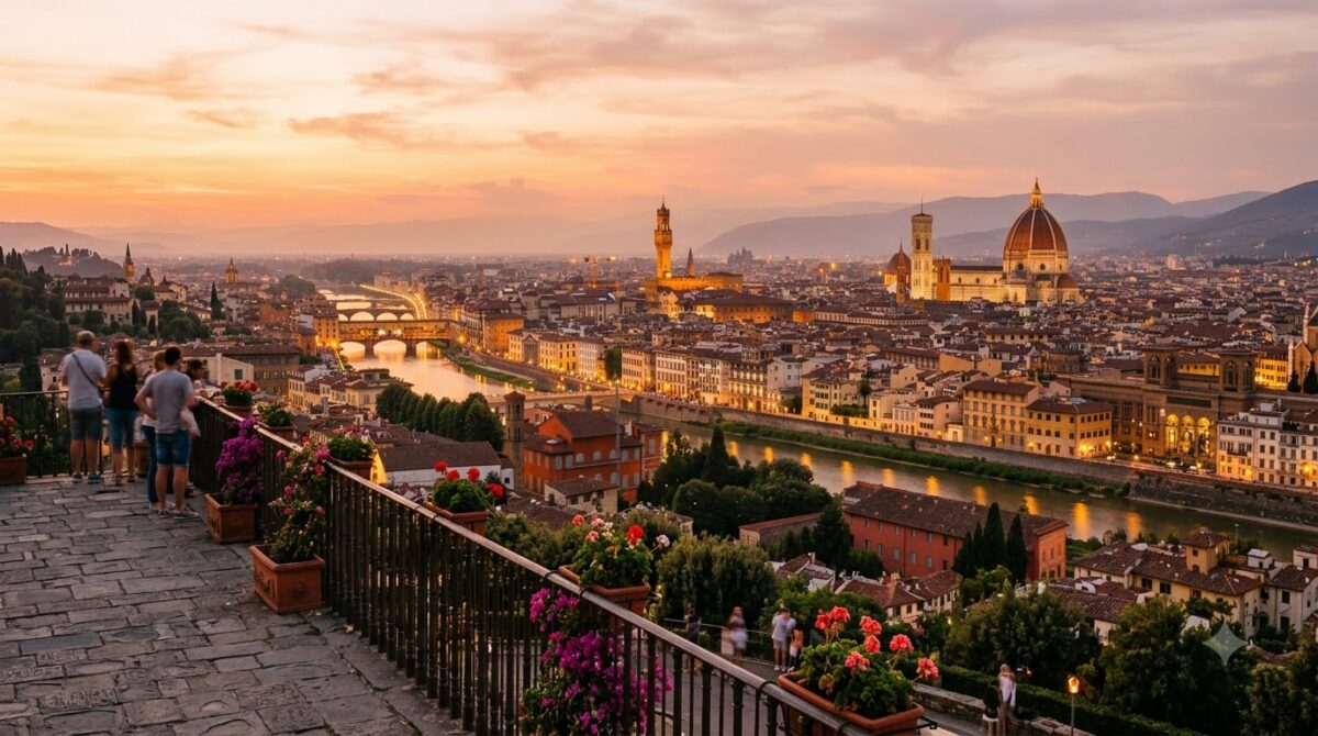The view over Florence, Italy from a hillside terrace at sunset