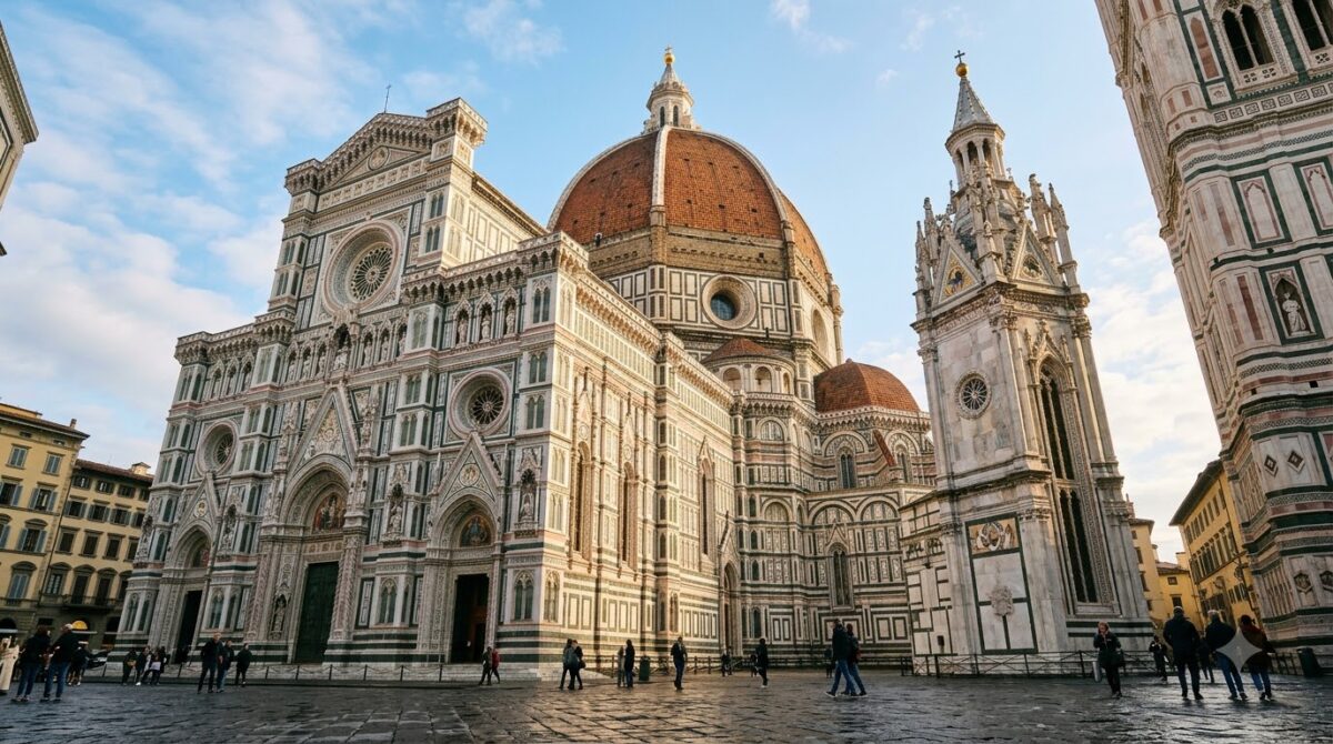 The dome and marble facade of Florence Cathedral in Italy from the square