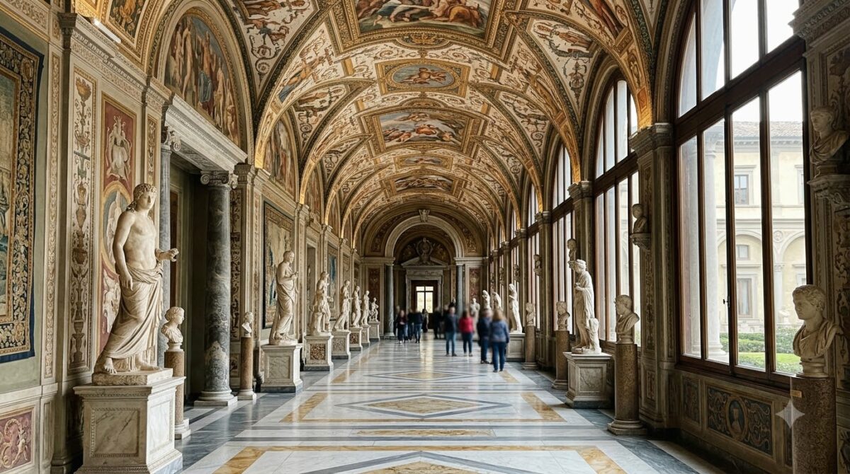 A gallery corridor with painted ceiling and statues in a Renaissance museum