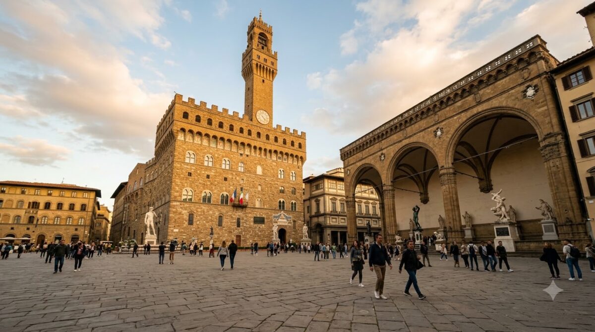 A stone square with Renaissance statues and a palace tower in Florence, Italy